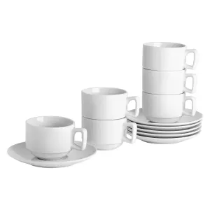 Argon Tableware - Classic White Stacking Teacup & Saucer Set - 200ml - 12pc - White