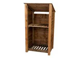 Wooden log store (roof sloping back) with kindling shelf W-99cm, H-180cm, D-88cm - brown finish