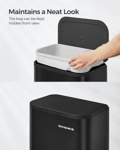 SONGMICS Kitchen Bin, Pedal Bin, Steel Trash Bin, Soft-Close Lid, Stays Open, Inner Bucket, Wide Non-Slip Pedal, Ink Black