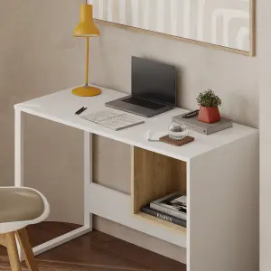 Decortie Model-4 1100(D)cm Computer Desk White and Oak Workstation PC Work Table Office Gaming Desk Shelf with White Metal Leg