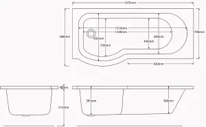 SunDaze 1675 x 850mm Gloss White Acrylic P Shape Left Hand Shower Bath