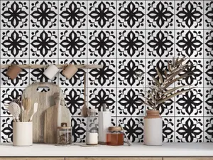 QuoteMyWall Black & White Pattern Tile Stickers Peel & Stick Tile Decals For Kitchen & Bathroom (16 Pack)