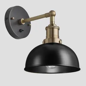 Industville Brooklyn Dome Wall Light, 8 Inch, Black, Brass Holder