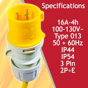 SPARES2GO 16A Extension Lead 14m 110V 1.5mm Extra Long Yellow Power Cable + 2 x 16 Amp Splitter Kit