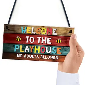 Red Ocean Welcome To The Playhouse Sign Hanging Garden Shed Summerhouse Sign Daughter Son Gifts