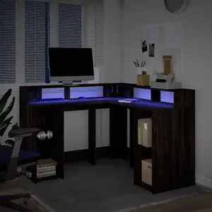 Berkfield Desk with LED Lights Brown Oak 130x130x91 cm Engineered Wood