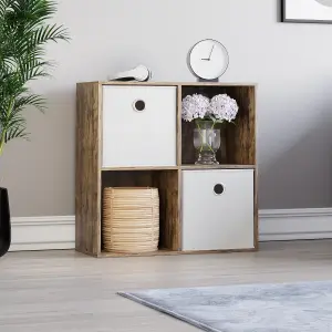 Vida Designs Durham Dark Wood 2x2 Cube Storage Unit & Set of 2 White Foldable Cube Storage Baskets