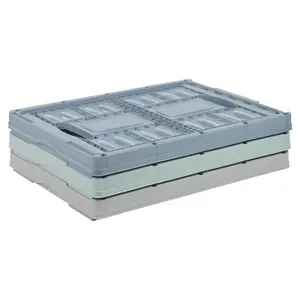 URBNLIVING 3 Pcs 25cm Height 45L Folding Collapsible Plastic Storage Crate Box One Of Each Colour (Blue, Grey & Teal)