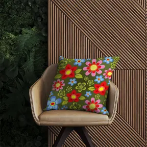 Red And Blue Flowers Outdoor Cushion 45cm x 45cm