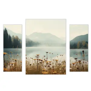 Arthouse Mountain Lake Earth Tones Mixed size Canvas art, Set of 3