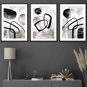 Set of 3 Abstract Black Grey Watercolour Shapes Wall Art Prints / 30x42cm (A3) / Black Frame