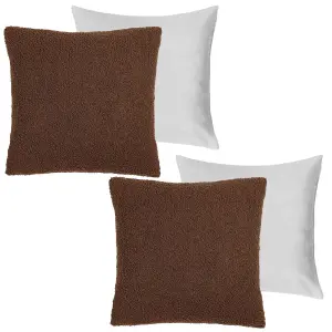 Highams 2 x Boucle Teddy Fleece Cushion Covers Filled, 45 x 45cm, Chocolate