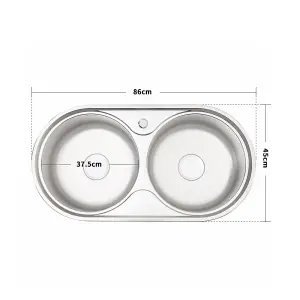 2 Bowl Round Catering Inset Stainless Steel Kitchen Sink and Drainer 860mm x 450mm