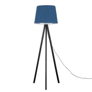 ValueLights Barbro Modern Black Wood Tripod Design Floor Lamp with Navy Blue Tapered Shade - Includes 6w LED GLS Bulb 3000K