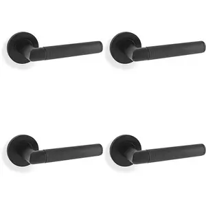 4 PACK - SOLID BRASS Knurled Door Handle Set - Matt Black Mitred Lever on Round Rose