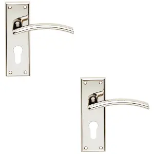 2 PACK - PAIR Arched Lever On EURO Lock Backplate Door Handle 150 x 50mm Polished Nickel