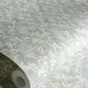 Galerie Azulejo Silver Lisboa Distressed Floral Damask Wallpaper Roll