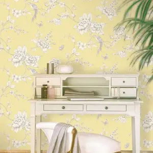 Ellis Yellow Wallpaper Grandeco Floral Birds Linen Effect Metallic