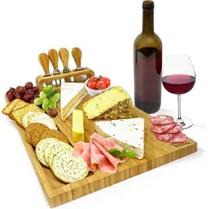 Joeji's Kitchen Cheese Board Platter Set - Natural Wood Bamboo - Gift Set With Knives & Holder - Charcuterie Platter