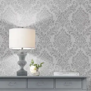 Muriva Grey Damask Shimmer effect Embossed Wallpaper