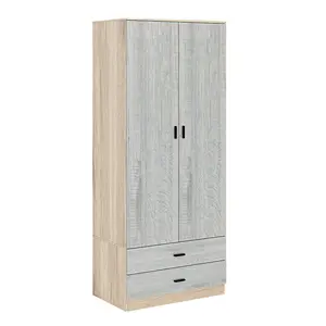 URBNLIVING 180cm Tall 2 Door Wardrobe Oak Carcass and Ash Grey Drawers With 2 Drawers Bedroom Storage Hanging Bar Clothes