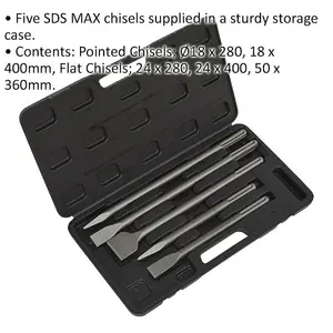 5 Piece SDS MAX Demolition Kit - Flat & Pointed Chisels - Sturdy Storage Case