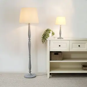 ValueLights Victoria Traditional Grey Wood Candlestick Table Lamp with Beige Tapered Shade