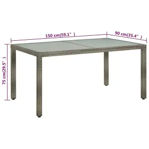 Berkfield Garden Table 150x90x75 cm Tempered Glass and Poly Rattan Grey