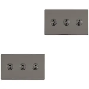 2 PACK 3 Gang Triple Retro Toggle Light Switch SCREWLESS BLACK NICKEL 10A 2 Way