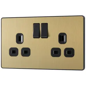 British General Brass effect Double 13A Gold Switched socket & Black inserts