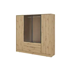 Kelly 206cm Hinged Wardrobe in Rustic Oak Artisan - Spacious Storage with Glass Accents