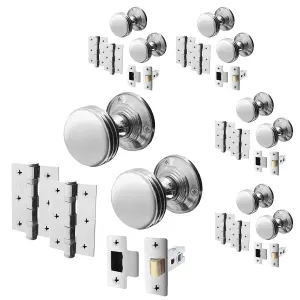 AFIT Lined Door Knob Set Polished Chrome - 4 Pairs of Mortice Knobs (55mm), Latch (76mm) & Hinges (76mm) for Internal Doors