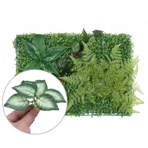 Artificial Green Grass Panel Backdrop, 60cm x 40cm, With Tropical Leaves