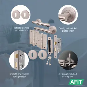 AFIT Door Handles Satin Nickel Key Lock Set Round T-Bar, Sash Lock, Hinges (76mm) & 2 Escutcheons Olvera