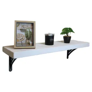 Solid Wood Handmade Rustical Shelf White 225mm 9 inch with Black Metal Bracket WAT Length of 210cm