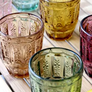 Set of 6 Mix Match Embossed Coloured Drinking Glass Tumblers 330ml