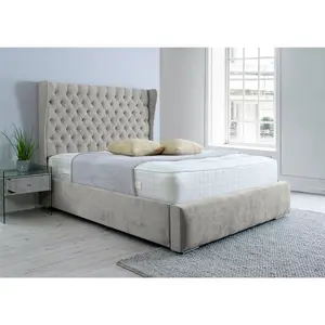 Salva Plush Bed Frame With Winged Headboard - Silver