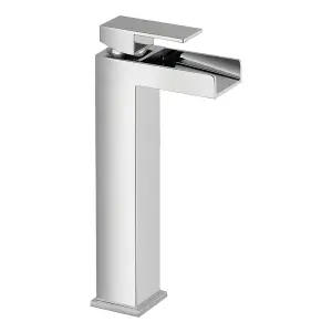 Tall Luxury Modern High Rise Waterfall Mono Basin Mixer - Chrome Finish