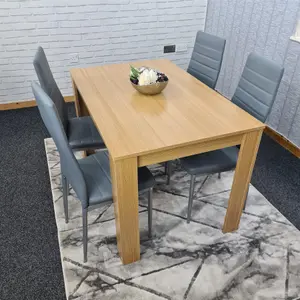 Dining Table and 4 Chairs Oak Effect Wood 4 Grey Leather Chairs Dining Room