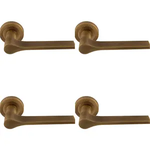 4 PACK - Contemporary Flat Door Handle Set - Antique Brass Sleek Lever on Round Rose