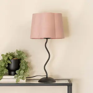 ValueLights Wiggle Black Metal Single Stem Table Lamp with Blush Pink Velvet Scallop Lamp Shade and LED Bulb