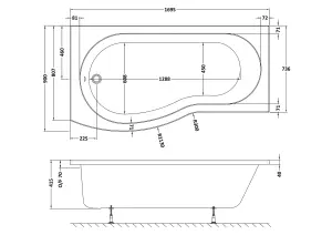 B Shape Left Hand Shower Bath Tub & Leg Set - 1700mm