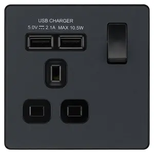 BG Evolve PCDMG21U2B Matt Grey 1 Gang 13A 2x USB-A 2.1A Socket-Black Insert