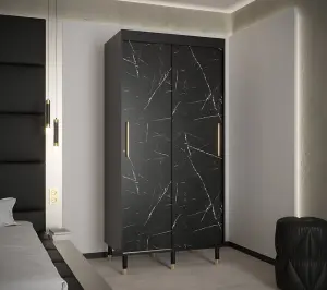 Bergen Contemporary 2 Sliding Door Wardrobe Gold Handles Marble Effect 5 Shelves 2 Rails Black (H)2080mm (W)1000mm (D)620mm