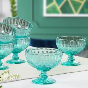 Set of 6 Vintage Turquoise Blue Glass Trifle Bowl and Dessert Bowls