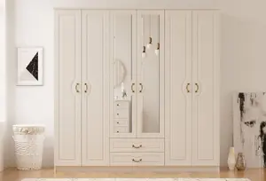 ANNE 6 Door 2 Drawer Mirrored White Wardrobe