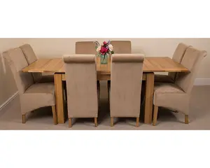 Richmond 140cm - 220cm Oak Extending Dining Table and 8 Chairs Dining Set with Montana Beige Fabric Chairs