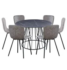 Hallowood Furniture Cullompton Large 120cm Round Table with 6 Light Grey Leather Effect Chairs