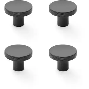 4 PACK - Knurled Round Radio Cupboard Door Knob - 38mm Diameter Matt Black Pull Handle