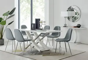 Furniturebox UK 6 Seater Dining Set - Mayfair High Gloss White Chrome Dining Table and Chairs - 6 Grey Faux Leather Corona Chairs